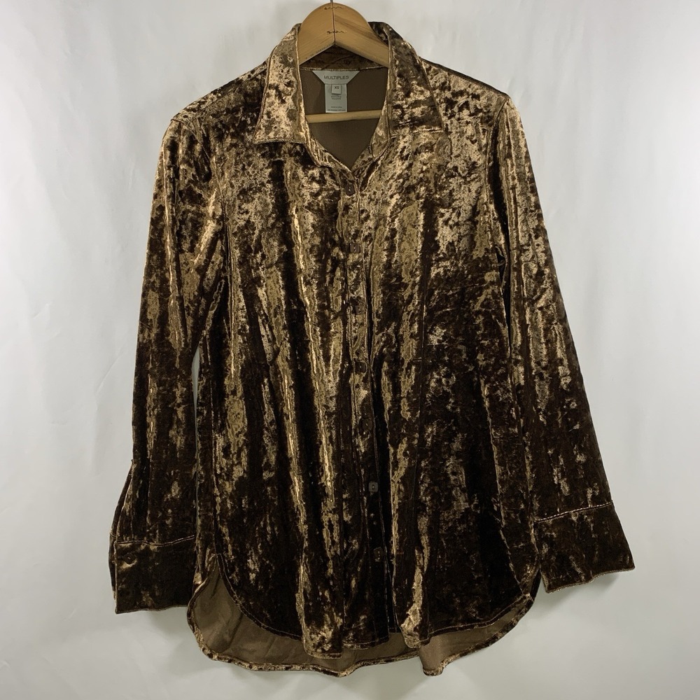 Multiples Womens Artsy Crushed Velvet Button Tunic Top Size XS Brown Lagenlook